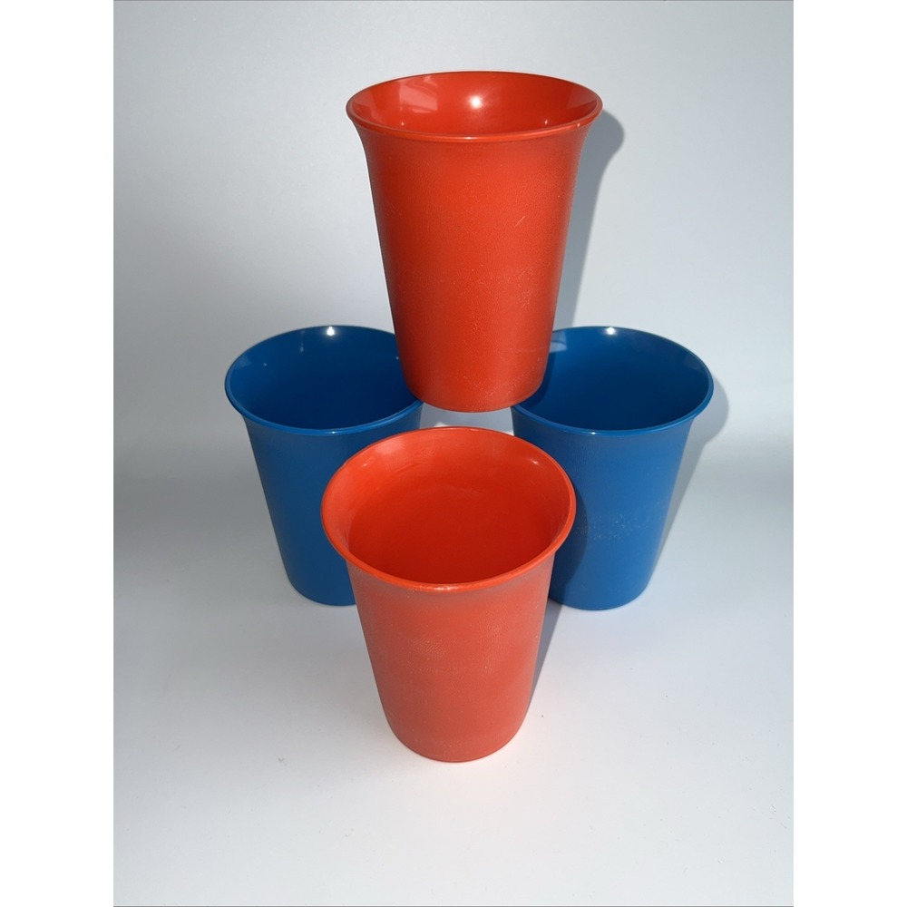 Vintage Tupperware #109 Children's Bell Tumblers 2 Orange 2 Blue, Set of 4 7 Oz